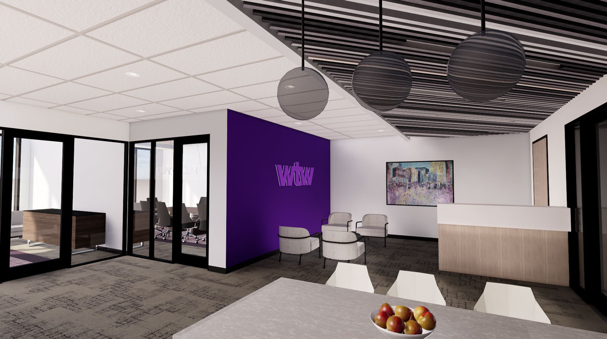 Rendering of the lobby entrance at WTW's Charlotte office