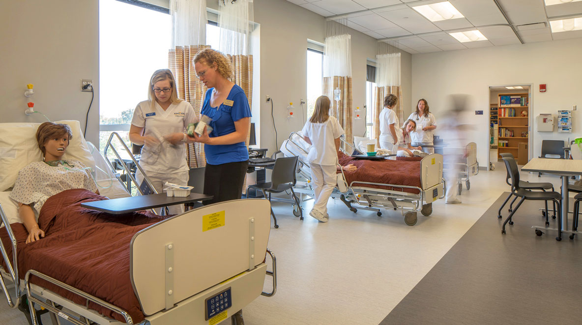 People working in the Nursing building at Kent State University