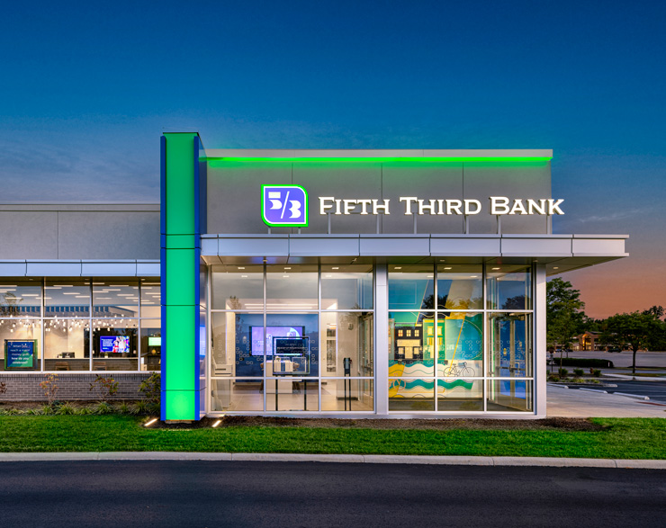Exterior shot of Fifth Third Bank in Milford, OH, at dusk
