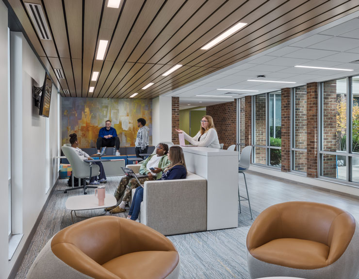 Students working in an open collaboration space in Penn State Beaver's General Classroom building