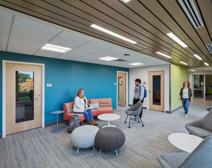 Students using collaboration space in Penn State Beaver's General Classroom building