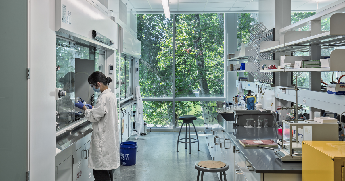 A lab worker in Clippinger Lab at Ohio University