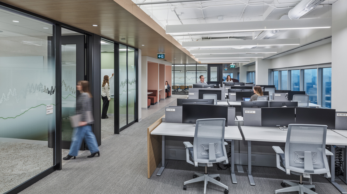 An employee walks into a meeting room that has privacy vinyl with trees cut into it