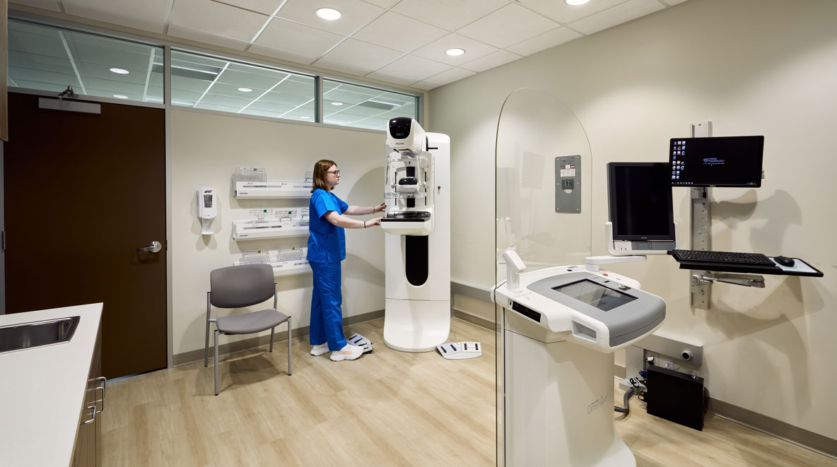 The clinic features both standard mammography rooms and a larger biopsy mammography room designed to accommodate more specialized procedures.