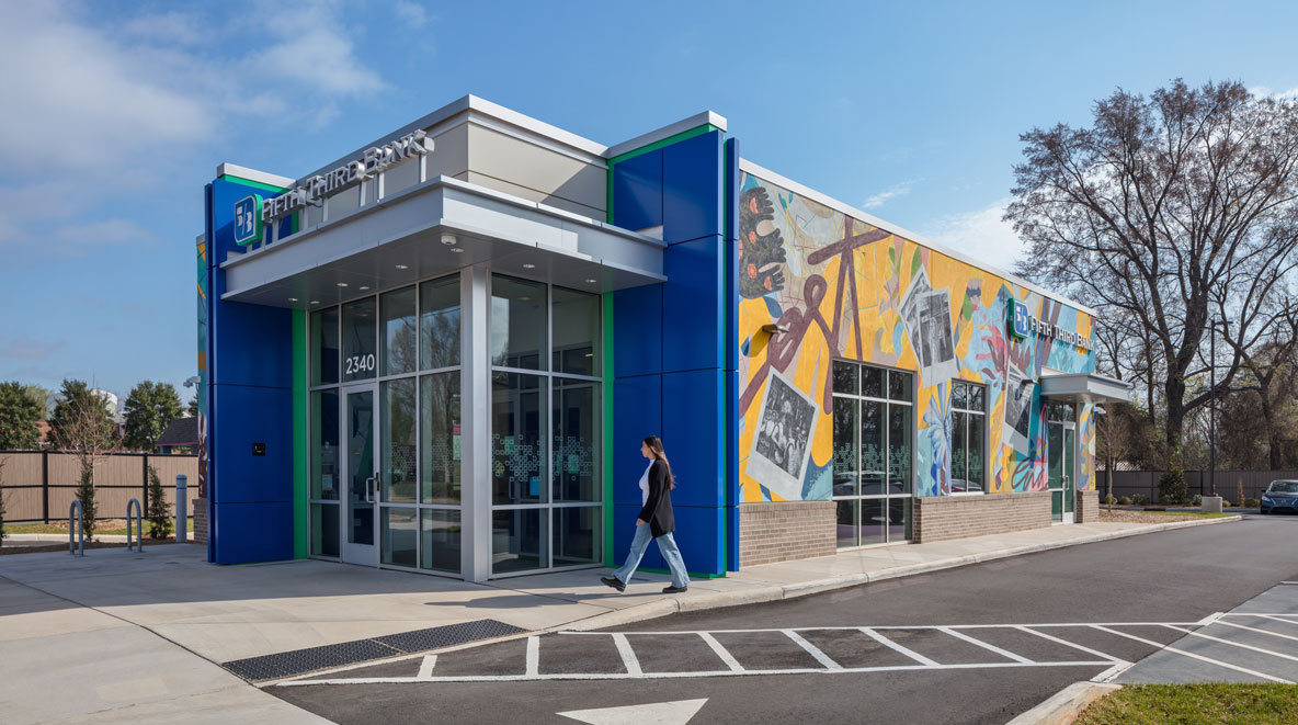 Photo of the outside of the branch featuring the mural