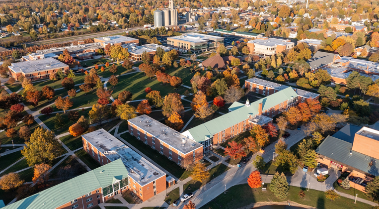 An aerial shot of Ohio Northern University's campus in the fall