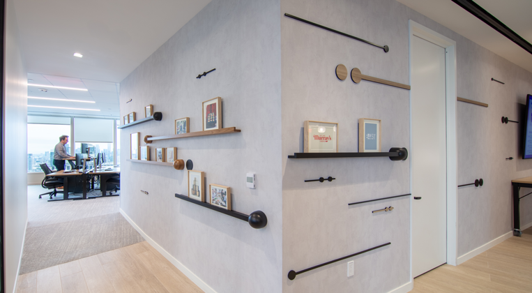 image showcasing the spark motif used throughout the office as shelving