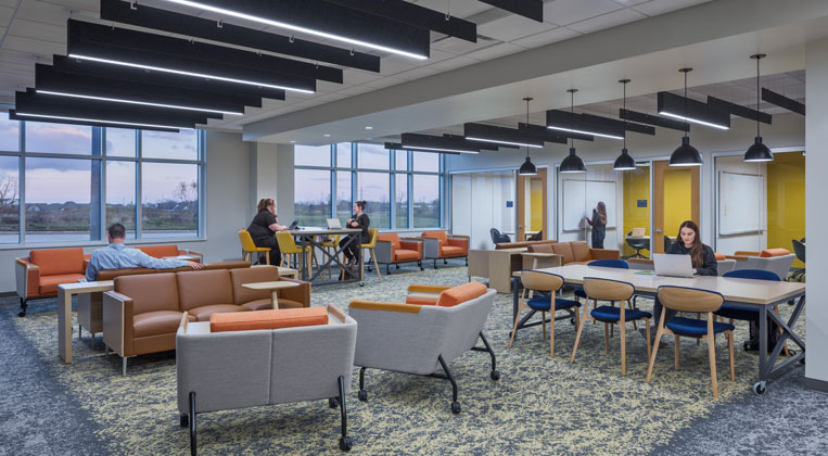 one of many collaborative student lounges within the health sciences facility