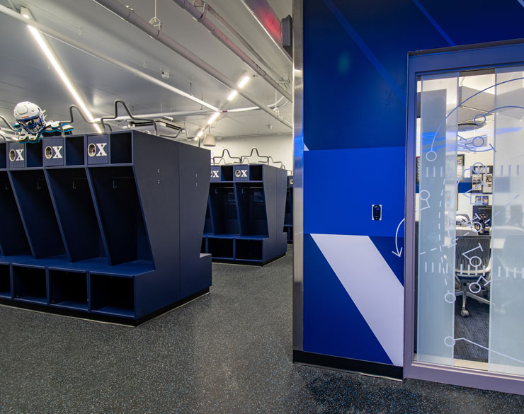 view into the locker room and one of the private offices