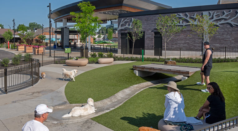 dogs and owners enjoying the newly renovated dog park within the blue ash towne square