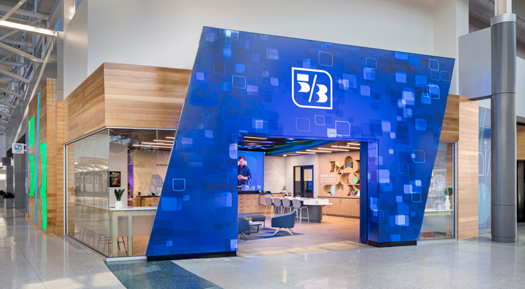 Fifth Third Bank's CVG airport location incorporates a digital media experience at its entrance