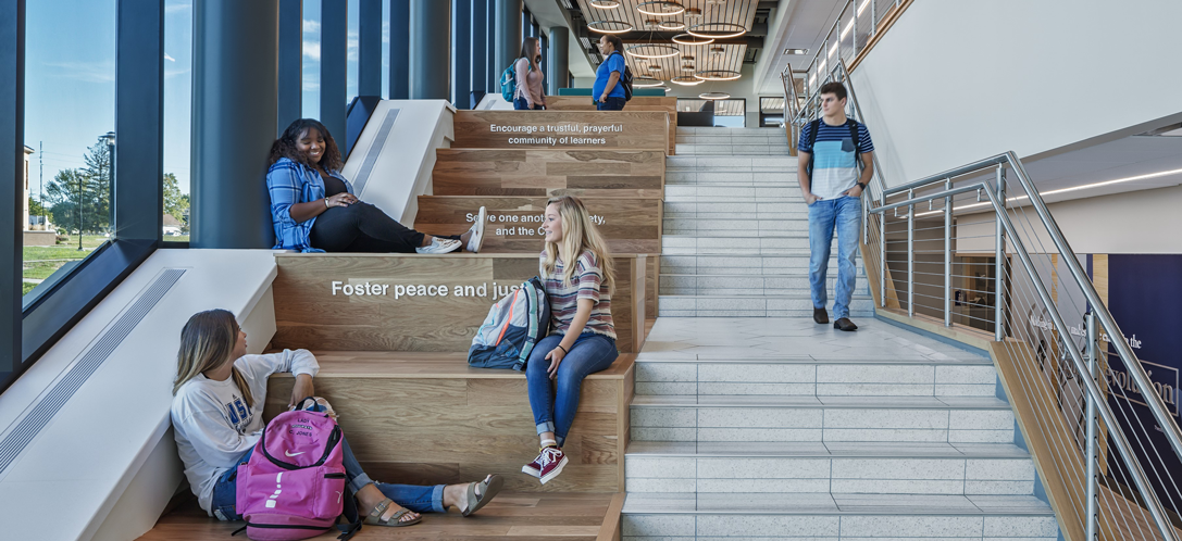 The grand stair at the University of Saint Francis’s Achatz Science Hall encourages collaboration between students and contemplation of the university’s values.