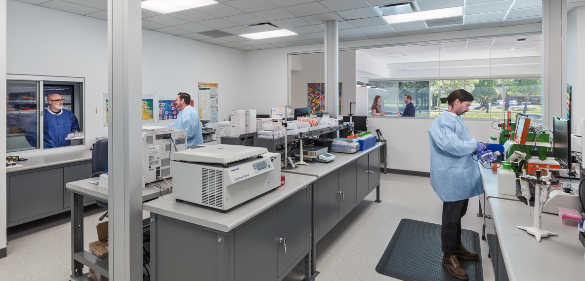 People working in a lab at a donor center.
