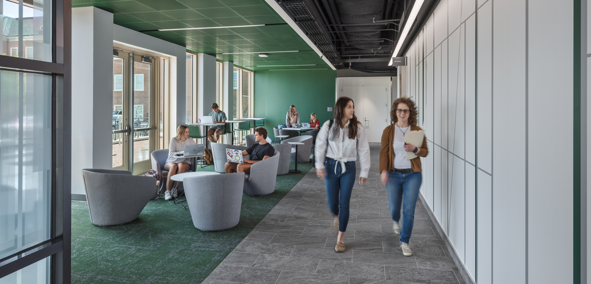 Students walking through a common area in Miami University's McVey Data Science Building