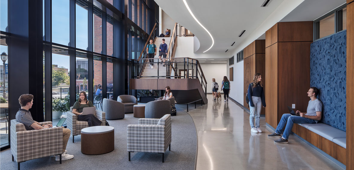 Students inside a common area in Cedarville University's Scharnberg Business and Communication Center