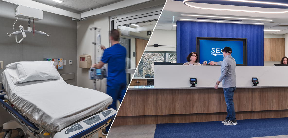 A split image. One side is a healthcare worker setting up a patient room and the other image is a customer at a retail bank