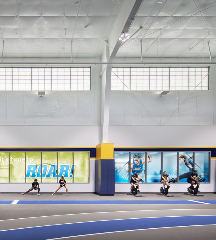 Student athletes stretching and using bikes