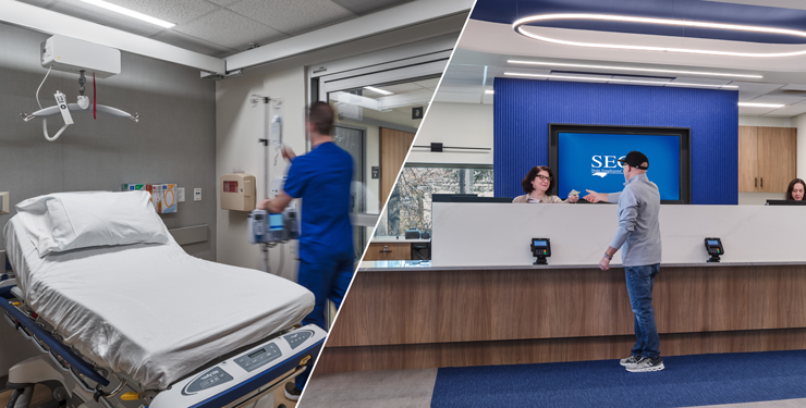 A split image. One side is a healthcare worker setting up a patient room and the other image is a customer at a retail bank