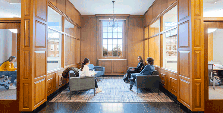 Students study inside Denison University's Doane Library & Mudd Learning Center