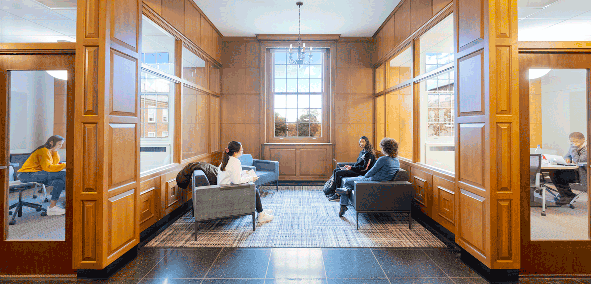 Students study inside Denison University's Doane Library & Mudd Learning Center