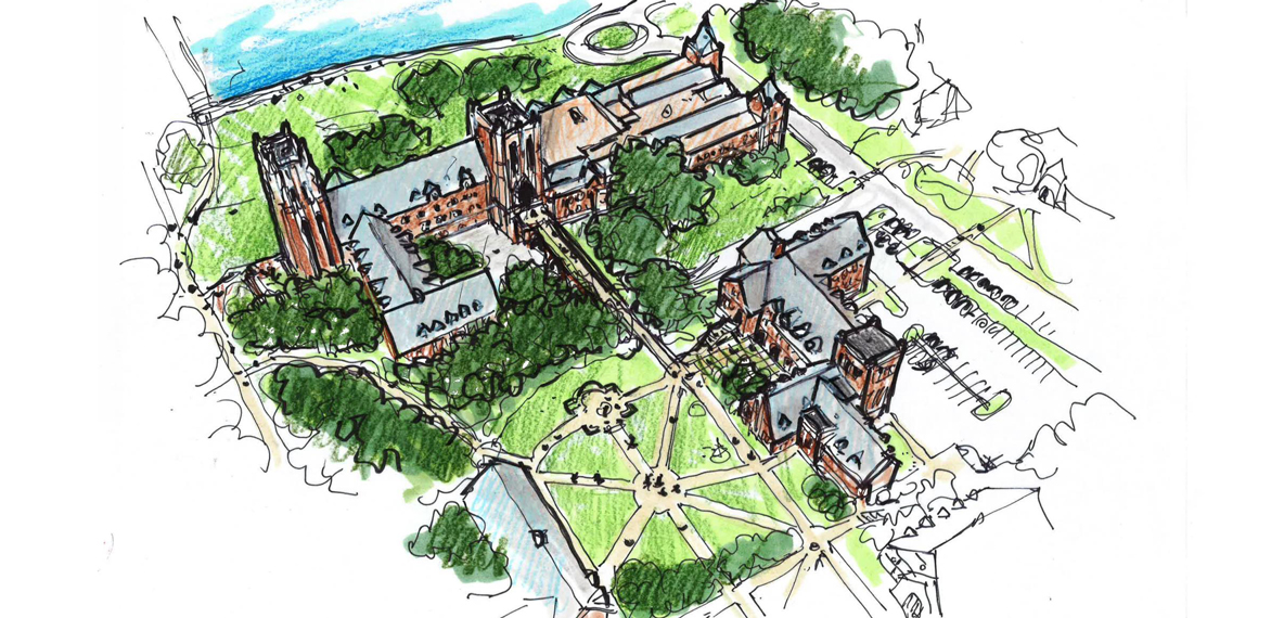 Sketch of a site plan of a university
