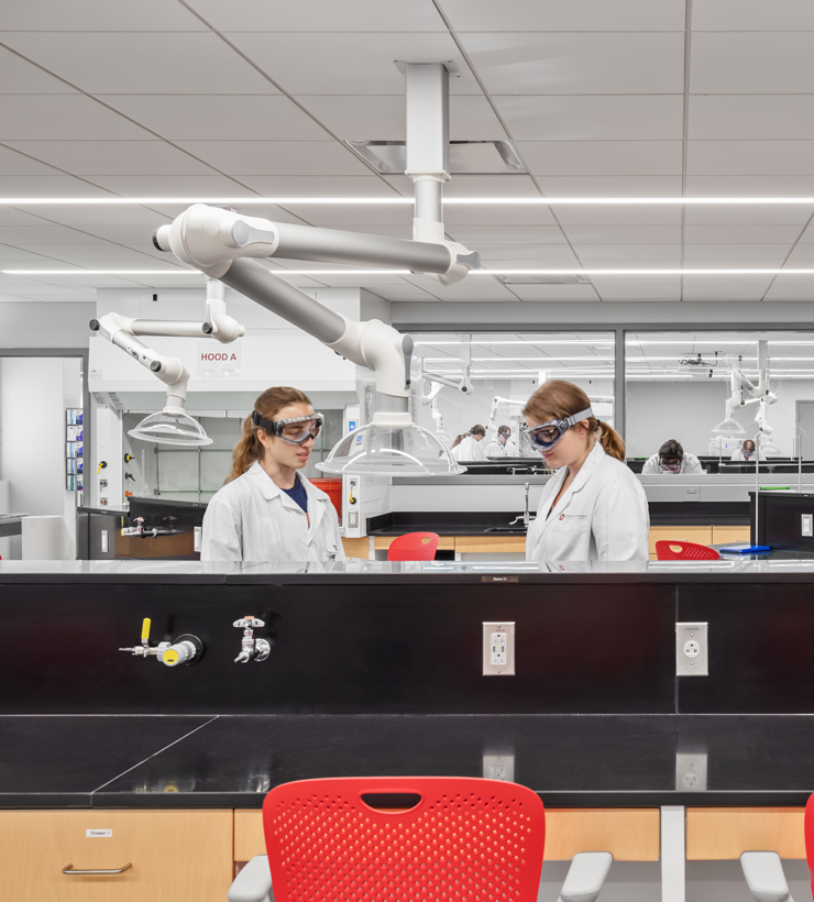 Two students collaborate at a laboratory workbench