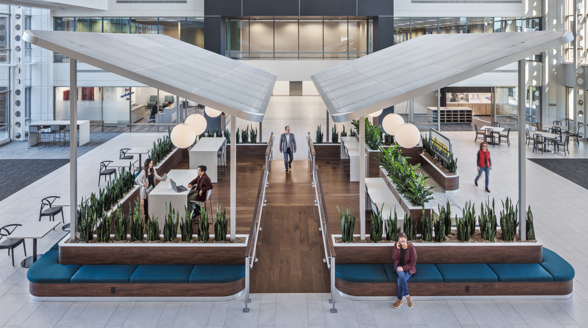 Atrium 1 has multiple seating options for employees and guests