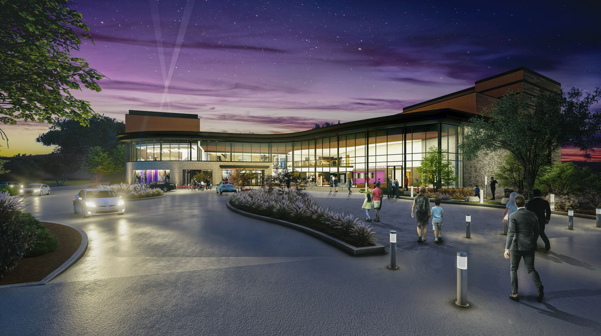 An exterior rendering of Playhouse in the Park's new entrance at dusk