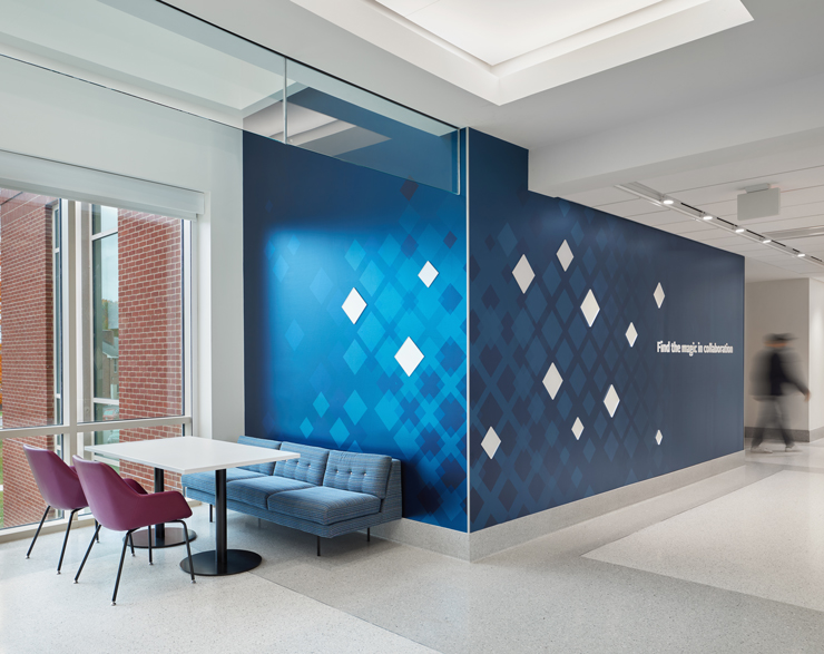 An inspirational message is displayed on a blue wallcovering