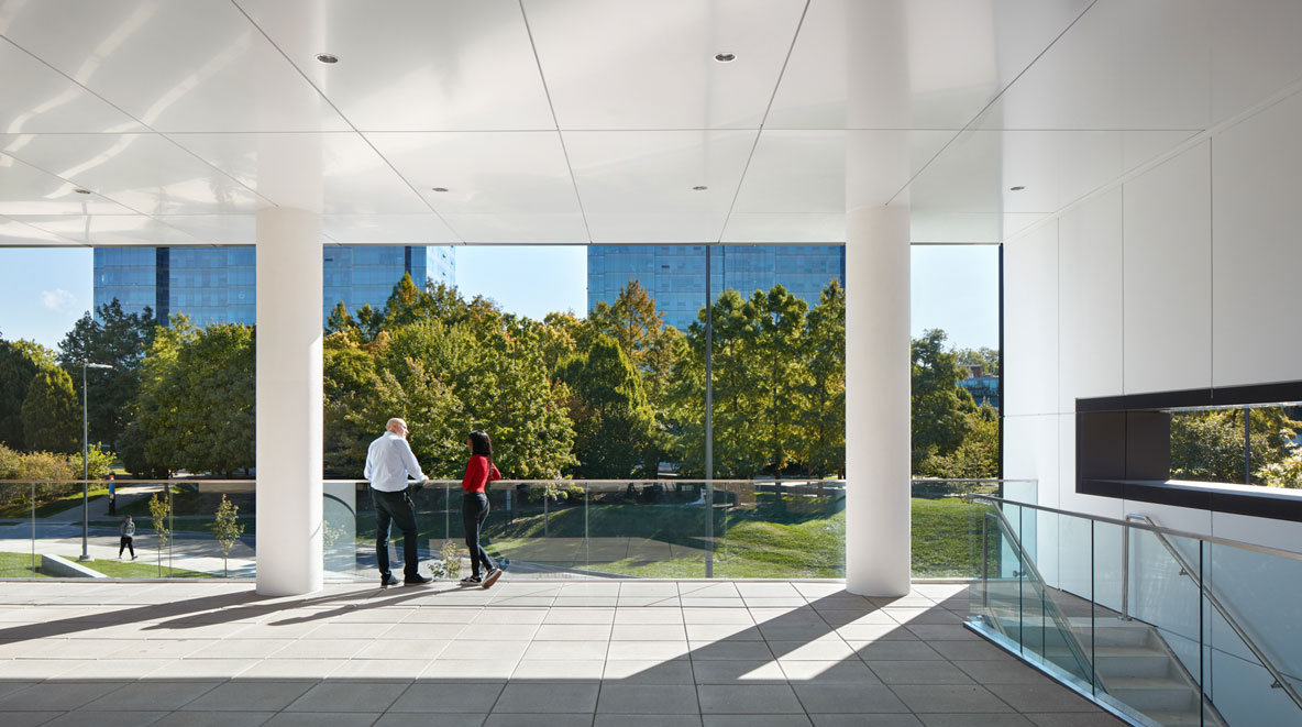 Two law students talk in the outdoor terrace