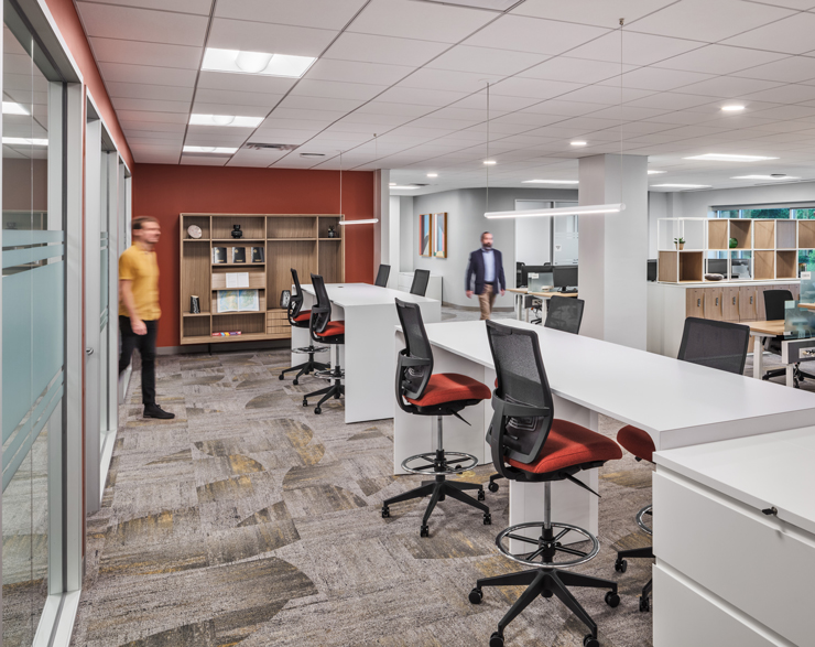 High-top tables offer additional seating for employees