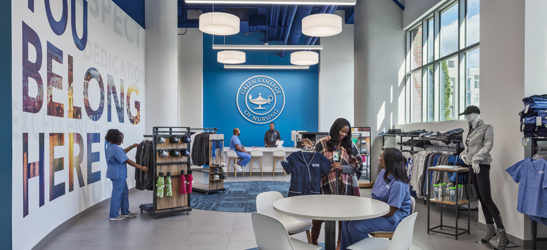 Galen College of Nursing's Nashville campus features a spirit store and enrollment center with bold graphics on the walls