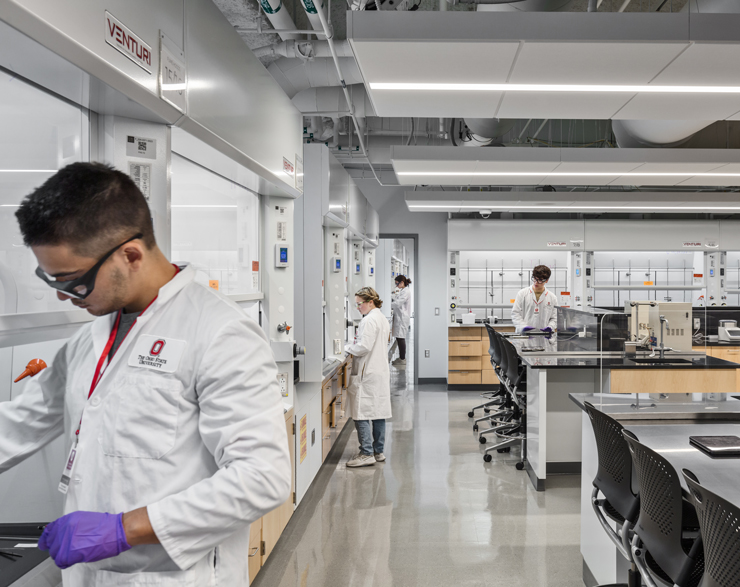 Students work beside fume hoods in Celeste lab