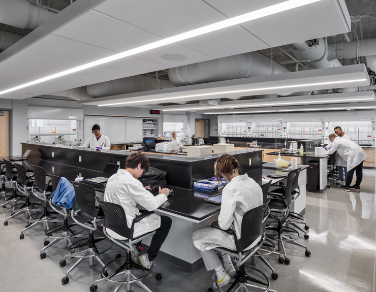 Students gather around central lab workbenches