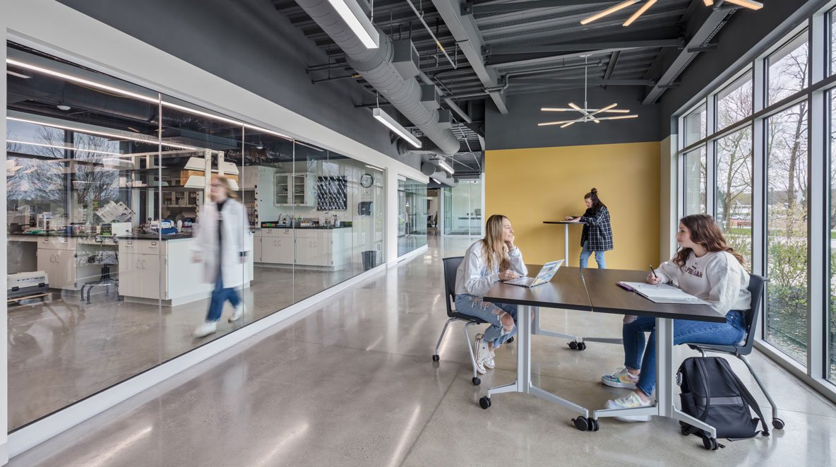 Clear glass gives students a view into a nearby lab