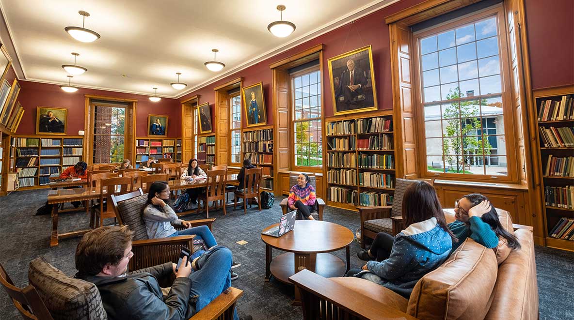 Group of students study together in the common area