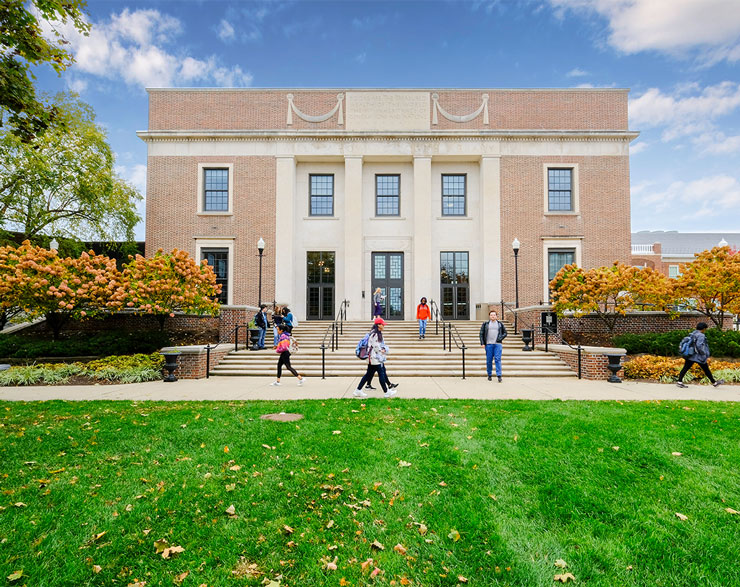 Students are shown entering and leaving the Doane Library