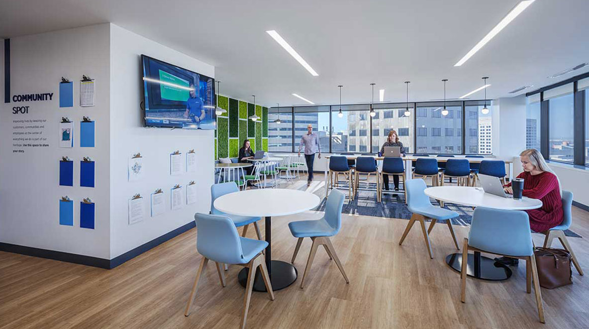 Employees work in the collaboration space inside Fifth Third Bank