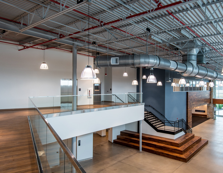 A grand stair inside Airstream allows employees to get to the second floor