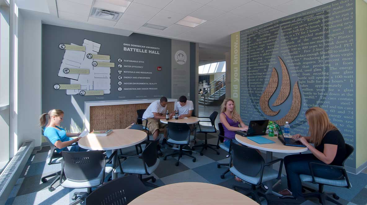 A group of students talk in a study room