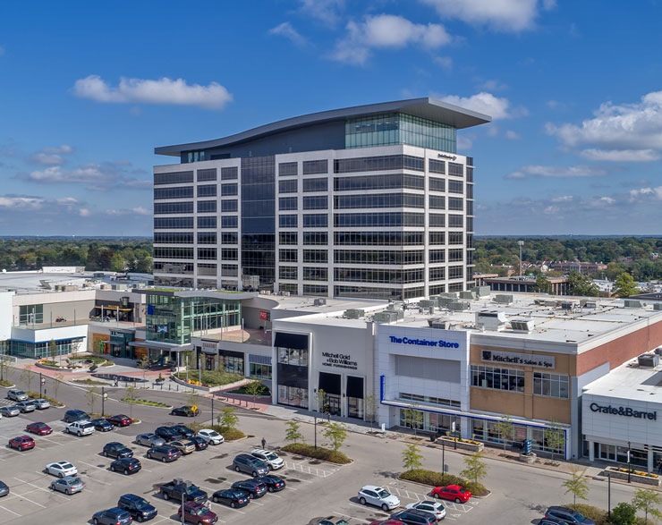 A drone shot of the front of the building