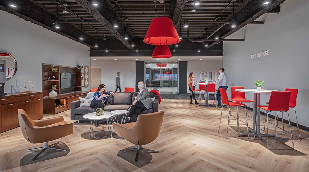 Employees hang out in the sky lounge