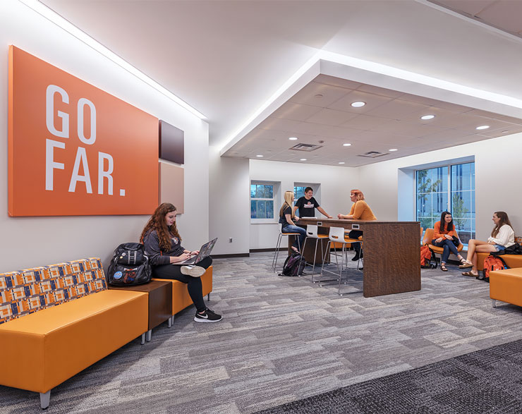 Students gather in a collaboration area