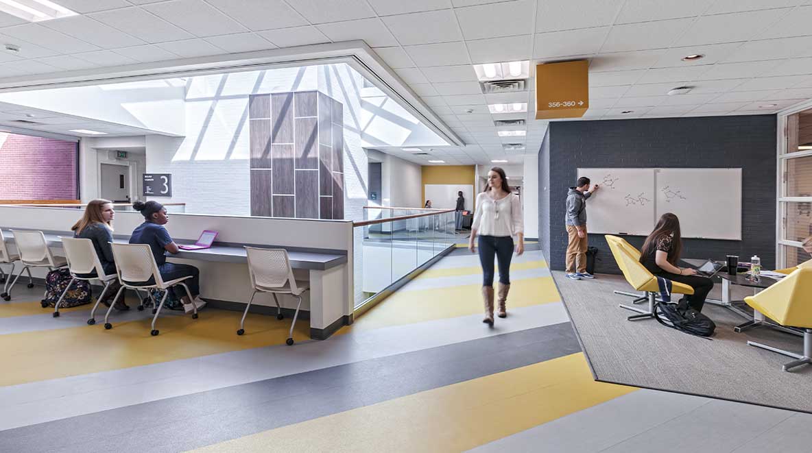 Students work inside the third-floor open atrium