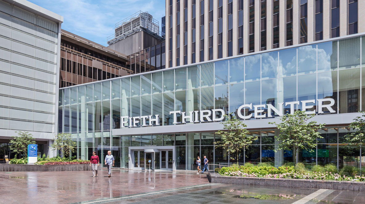 The exterior of Fifth Third Bank's glass atrium