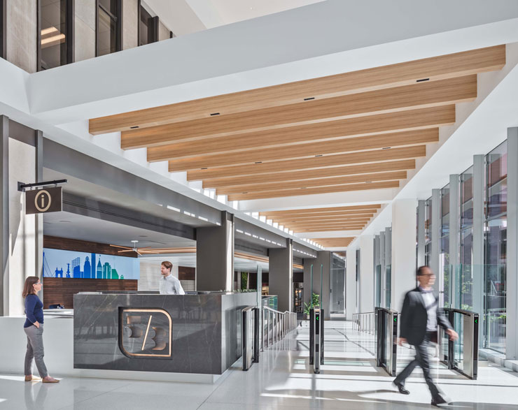 The receptionist desk inside Fifth Third Bank's atrium