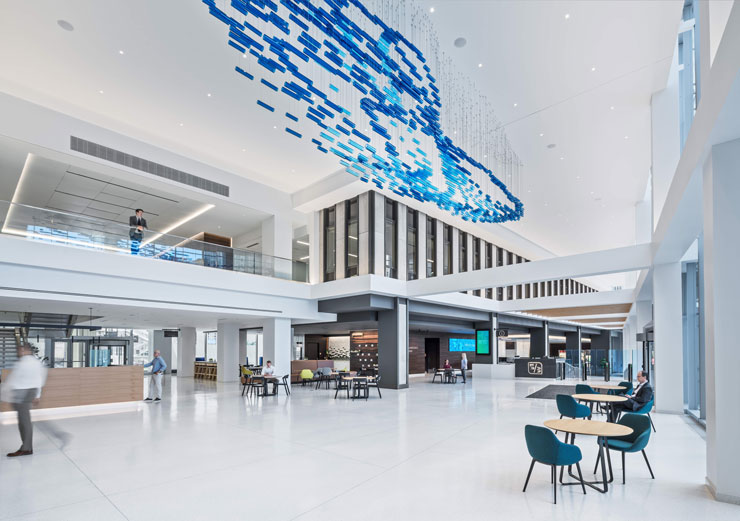 A high-ceiling atrium with different types of seating 