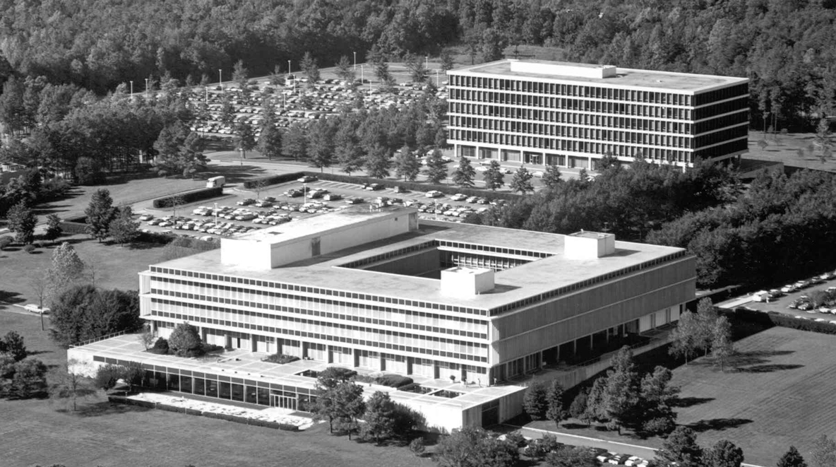 A black and white historic photo of Altria's campus