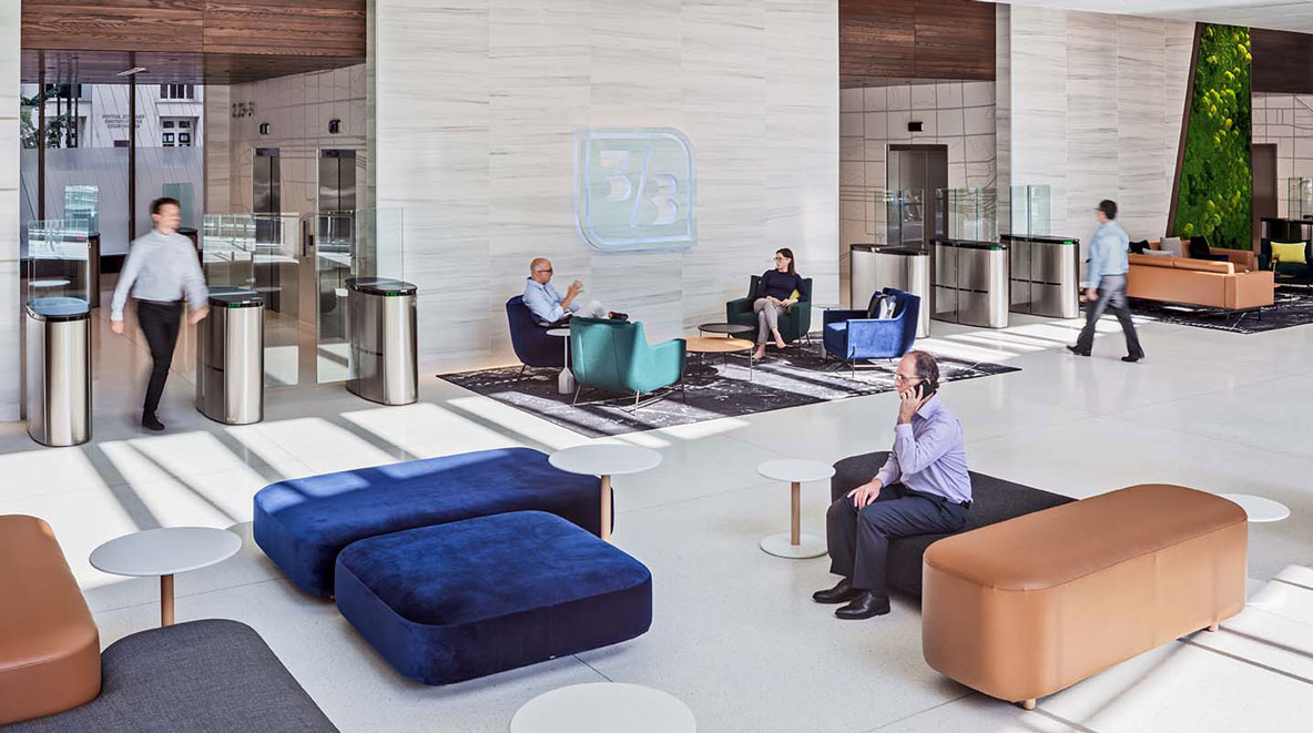 Fifth Third employees hang out in their new employee entrance