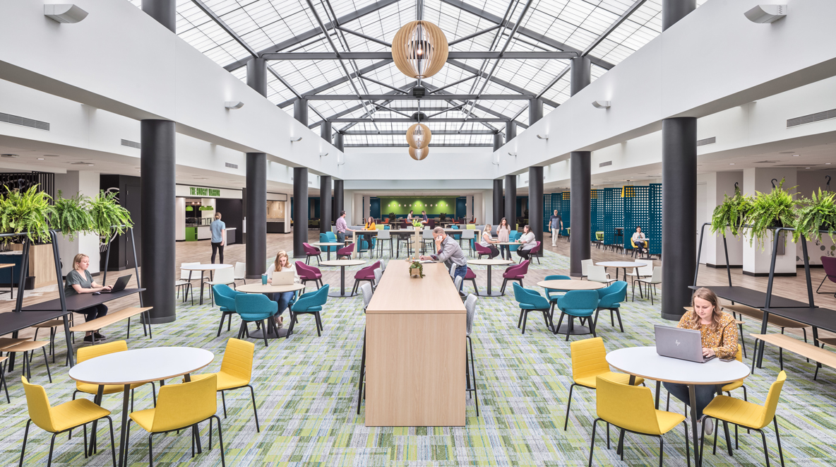 Employees can enjoy their lunch under the large atrium